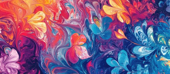 Leinwandbilder - Colorful abstract floral pattern featuring swirls of orange, pink, purple, yellow, and blue creating a vibrant and artistic design.