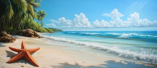 Aufkleber - Tropical beach scene with a large orange starfish in the foreground, gentle ocean waves lapping at the shore, under a clear blue sky with fluffy clouds.