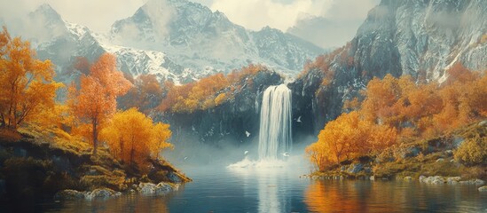 Aufkleber - Serene autumn waterfall cascading into a tranquil mountain river surrounded by vibrant orange and golden foliage with snow-capped peaks in the background.