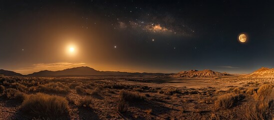 Aufkleber - Close-up of moon and Venus against a dark starry sky with a glowing Milky Way and illuminated terrain in warm earth tones and deep blues