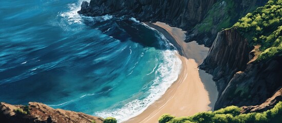 Aufkleber - Bird's eye view of a black sand beach with turquoise waves, framed by lush green cliffs, highlighting the contrast between land and sea.