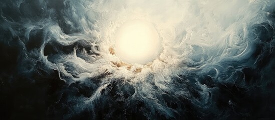 Aufkleber - Abstract celestial backdrop featuring a radiant white sun at the center surrounded by swirling dark clouds and soft blue hues in the background.