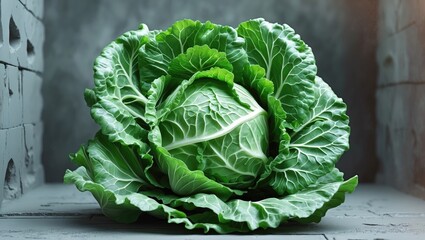 Wall Mural - Lush green savoy cabbage resting on a textured grey surface showcasing its intricate leaf patterns and natural beauty.