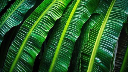 Wall Mural - Lush green banana leaves glistening with morning dew showcasing a vibrant natural pattern and texture in the sunlight.