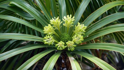 Sticker - Foxtail Palm with clusters of small green seeds and light green flower spikes emerging from lush green fronds in a tropical setting.