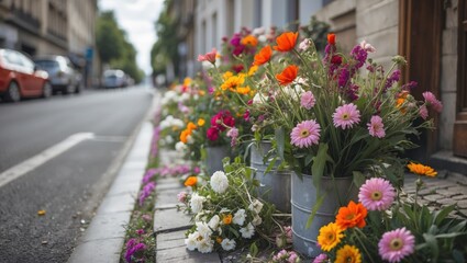 Sticker - Vibrant Flower Arrangements Brightening a City Street with Colorful Blooms and Lush Greenery in Urban Environment