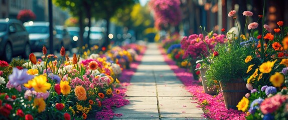 Canvas Print - Vibrant floral walkway lined with colorful flowers creating a picturesque scene along the street in a sunny urban setting.