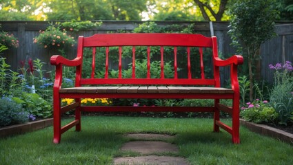 Poster - Empty red wooden bench surrounded by vibrant flowers in a serene garden setting inviting relaxation and tranquility.