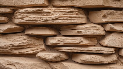 Wall Mural - textured beige stone wall with layered, uneven stones arranged in close proximity for architectural 