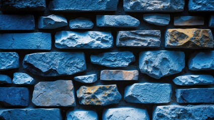 Wall Mural - textured stone wall background in various shades of blue and gray featuring irregular stones and blo