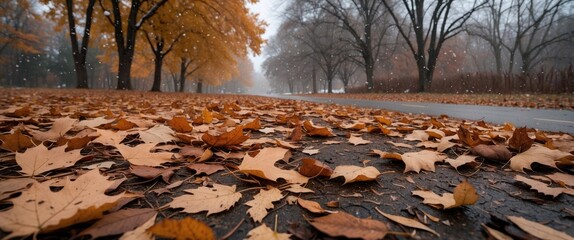 Canvas Print - Fallen autumn leaves blanket the ground during a serene snowfall in Wisconsin showcasing seasonal transition and natural beauty.