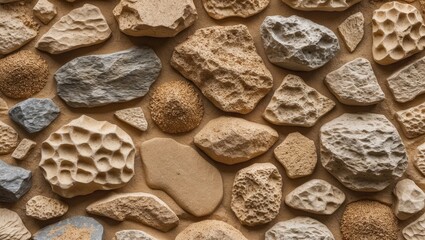 Wall Mural - textured stone wall with various shapes and colors of natural rocks arranged in a decorative pattern