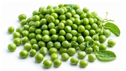 Wall Mural - Fresh green peas arranged on a white surface showcasing their vibrant color and natural texture with leaves for added detail.