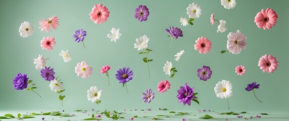 Canvas Print - Levitating Colorful Flowers on Pastel Green Background Surreal Aesthetic with Space for Text Creative Summer Nature Concept