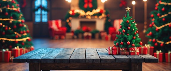 Canvas Print - Wooden table display with Christmas tree and gifts in a festive interior setting ideal for product montage and holiday promotions.