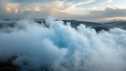 Wall Mural - Serene landscape view of dense fog enveloping rolling hills under a soft sunset sky creating a tranquil and mysterious atmosphere