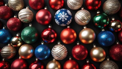 Canvas Print - Colorful assortment of Christmas ornaments arranged on a black background creating a festive holiday atmosphere for seasonal designs.