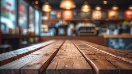 Canvas Print - Empty wooden table top with blurred coffee shop background suitable for product display or design mockups. Panoramic perspective view.