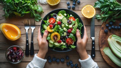 Sticker - Fresh vibrant salad flatlay with hands holding a bowl surrounded by fruits and utensils on a rustic wooden table. Healthy dining concept.