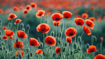 Wall Mural - Vibrant Field of Blooming Red Poppies under Soft Natural Light in Springtime Landscape