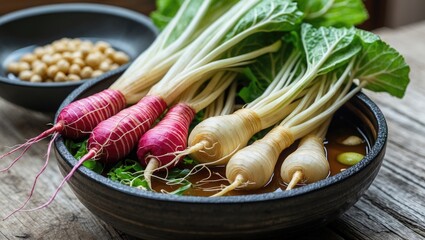 Sticker - Dried radish stems prepared for Korean dishes showcasing colorful radishes and fresh ingredients in a rustic bowl on a wooden table.