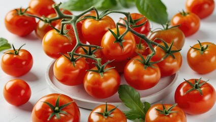 Canvas Print - Vibrant fresh cherry tomatoes arranged artistically on a white background with green leaves highlighting healthy culinary ingredients.