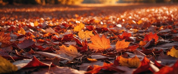 Wall Mural - Vibrant autumn foliage covering the ground in warm hues of orange, red, and yellow during a tranquil fall afternoon