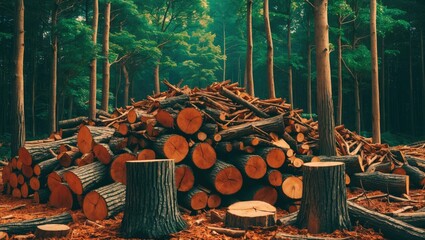 Sticker - Forest Clearing with Pile of Logs and Stumps Surrounded by Lush Green Trees in a Natural Setting