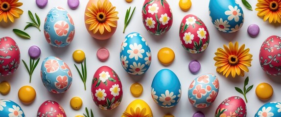 Sticker - Vibrant Easter Eggs Surrounded by Colorful Candies and Flowers on White Background Celebrating Spring and Healthy Festive Treats