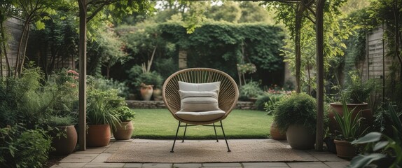 Canvas Print - Serene Garden Scene Featuring Stylish Chair Surrounded By Lush Greenery With Blank Space For Custom Text Or Branding