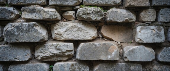 Old stone wall fragment showcasing weathered texture and varying block sizes highlighting historical architecture and rustic charm