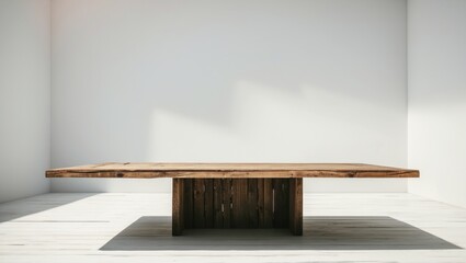 Modern empty wooden dining table set against a minimalist white background showcasing simplicity and elegance in interior design.