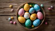 © GenZGraphics - Colorful Easter eggs in a basket on rustic wooden background for festive spring decorations and celebrations.