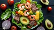 © GenZGraphics - Colorful Salad with Shrimps, Sweet Corn, Avocado, Tomatoes, and Onions on a Black Table Top View Healthy Meal Concept
