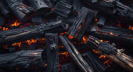 Sticker - Burnt wood charcoal texture with glowing embers creating an abstract backdrop for fireplace and nature-themed designs or wallpapers.