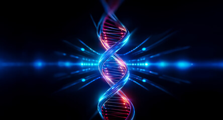 Illuminated DNA double helix structure in vibrant blue and red hues against a dark backdrop. Abstract digital representation of genetic code and scientific research.