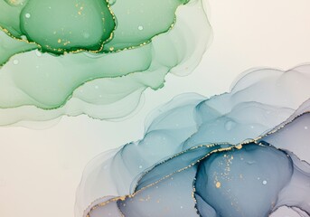 Ethereal watercolor strokes in green blue and gold abstract feathered design