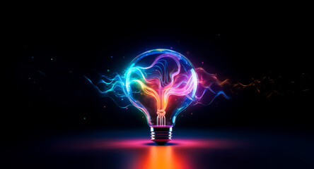 Canvas Print - a vibrant light bulb emits neon-colored energy, with electric sparks illuminating against a dark bac