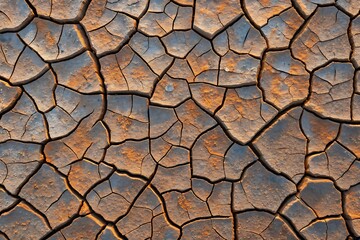 Dry cracked earth texture brown orange hues desert landscape sun hot soil arid heat image photo