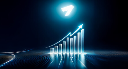 Wall Mural - illuminated blue bar graph with upward arrow signifies growth and progress on a dark path towards su