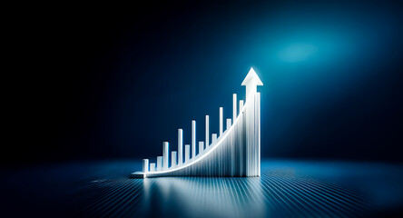 Wall Mural - glowing bar chart with a rising arrow against a deep blue backdrop, representing success and advance