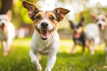 Poster - Happy dogs running and playing in a sunny park during the afternoon. Generative AI