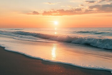 Aufkleber - Sunset over calm ocean waters with gentle waves lapping on sandy shore at dusk. Generative AI