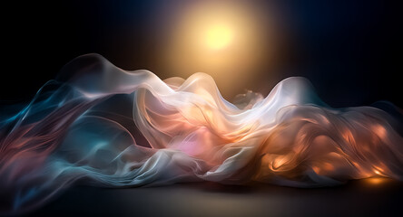 Wall Mural - abstract flowing waves of colorful smoke-like fabric are illuminated by a bright light source, creat