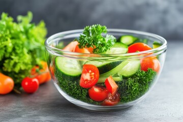 Aufkleber - Fresh vegetable salad with tomatoes and cucumbers in a clear bowl for a healthy meal preparation in a modern kitchen. Generative AI