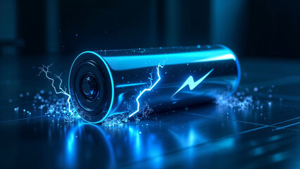 Battery with electrical visual effects on dark background showing energy and power