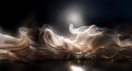 Wall Mural - ethereal waves of luminous, flowing matter cascade across a dark reflective surface, illuminated by 