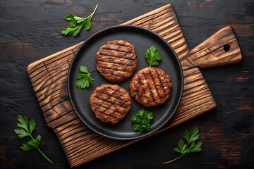 Delicious grilled beef patties on dark plate with parsley garnish meat food cook meal lunch brown