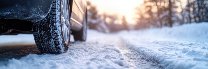 Poster - Snow covered road with tire tracks and a car at sunset in a winter landscape. Generative AI