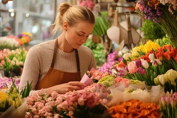 Wall Mural - A woman is making flowers in her flower shop, holding the bouquet and wrapping it in paper, while wearing an apron and looking at something to the side